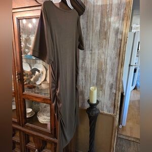 Simple Scoop Neck Cotton Midi Dress - Olive Green (L)